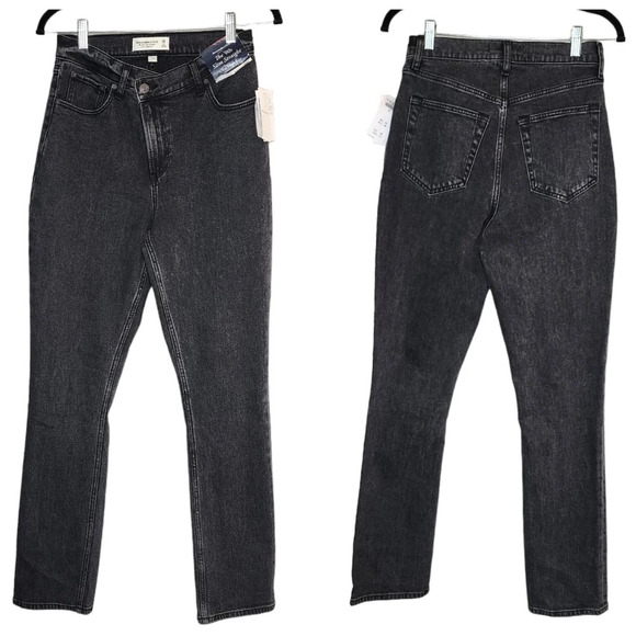 NWT A&F Curve Love Ultra HR 90s Slim Straight Black Jean Criss Cross Waist 26 - Picture 1 of 14